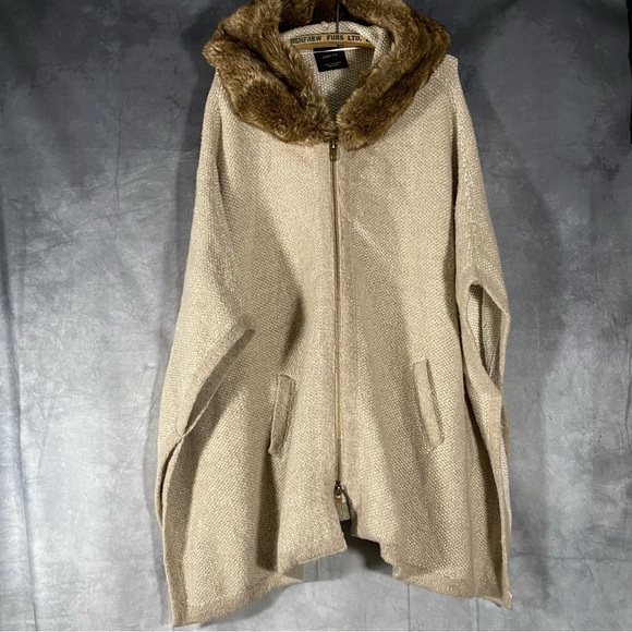 Zara Knit Faux Fur Trim Hooded Full Zip Poncho Relaxed Fit Sweater Size M - Picture 1 of 8
